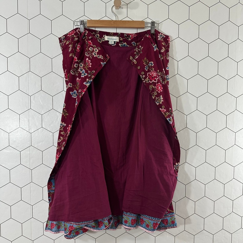 Sundance Womens XL Burgundy Floral Cotton Button Front Midi Skirt with Pockets - Picture 4 of 9